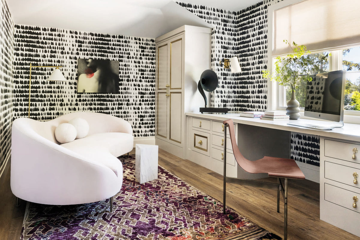 Stylish Modern Home Office with Schumacher's Queen of Spain Black & Wh ...