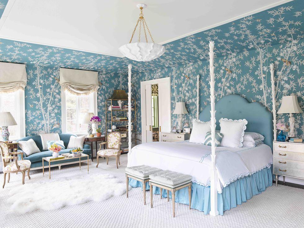 Turquoise bedroom, Schumacher Brighton Pavilion wallpaper, Asian wallpaper, chinoiserie wallpaper, Meg Braff bedroom