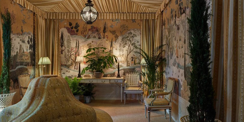 entrance, foyer, mark sikes WOW! house, murals, beige room, mural wallpaper, rich earth tones, tented ceiling, golden striped fabric, beige upholstered chairs, pendant lighting, wooden rustic desk, picturesque landscape wallpaper design, traditional