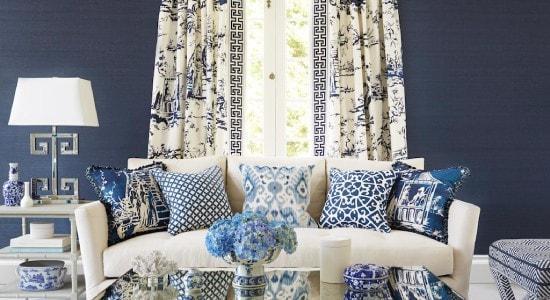 blue throw pillows in Scalamandre fabric with Asian designs