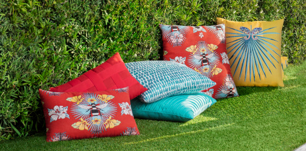 Elaine Smith Pillows, outdoor pillows, asian pillows, red pillows, turquoise and aqua pillows, yellow pillows