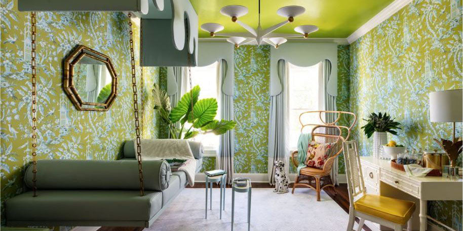 lime green toile wallpaper, chartresue wallpaper, guest bedroom, tiffany brooks kips bay palm beach showhouse, lime green design, unique design, white area rug, white pendant lighting, toile wallpaper, hanging bench seating, swing sofa, canopy