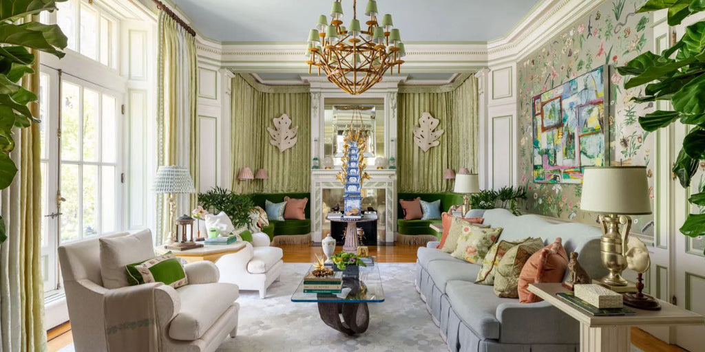 Green living room, kips bay New York showhouse, timothy corrigan living room, green wallpaper, floral wallpaper, assorted orange and green throw pillows, white area rug, silver table lamp, pendant lighting, abstract wall art, glass coffee table