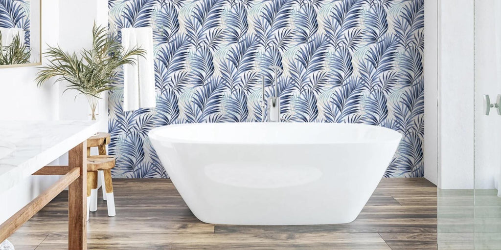 blue palm wallpaper, blue peel and stick wallpaper, tommy bahama wallpaper