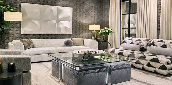 Grey and white living room, geometric grey and white sofa, kravet fabrics, linherr hollingsworth