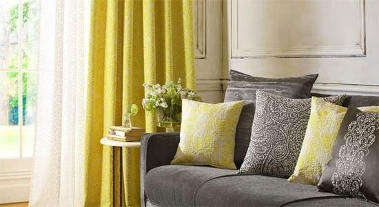 Yellow throw pillows, grey throw pillows in embroidered fabrics