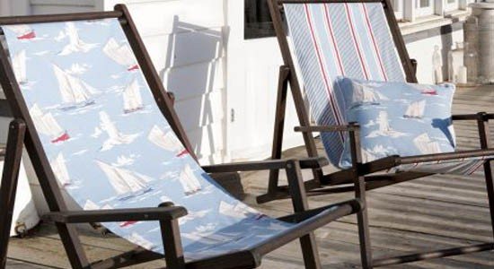 beach fabrics blue white red chairs cushion sail boat
