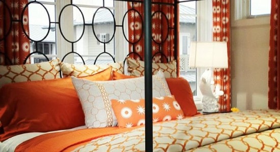 Bed and pillows upholstered using designs from Trend Fabric. 