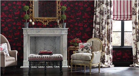toile fabrics illustrations  red black wall victorian living room chair curtains