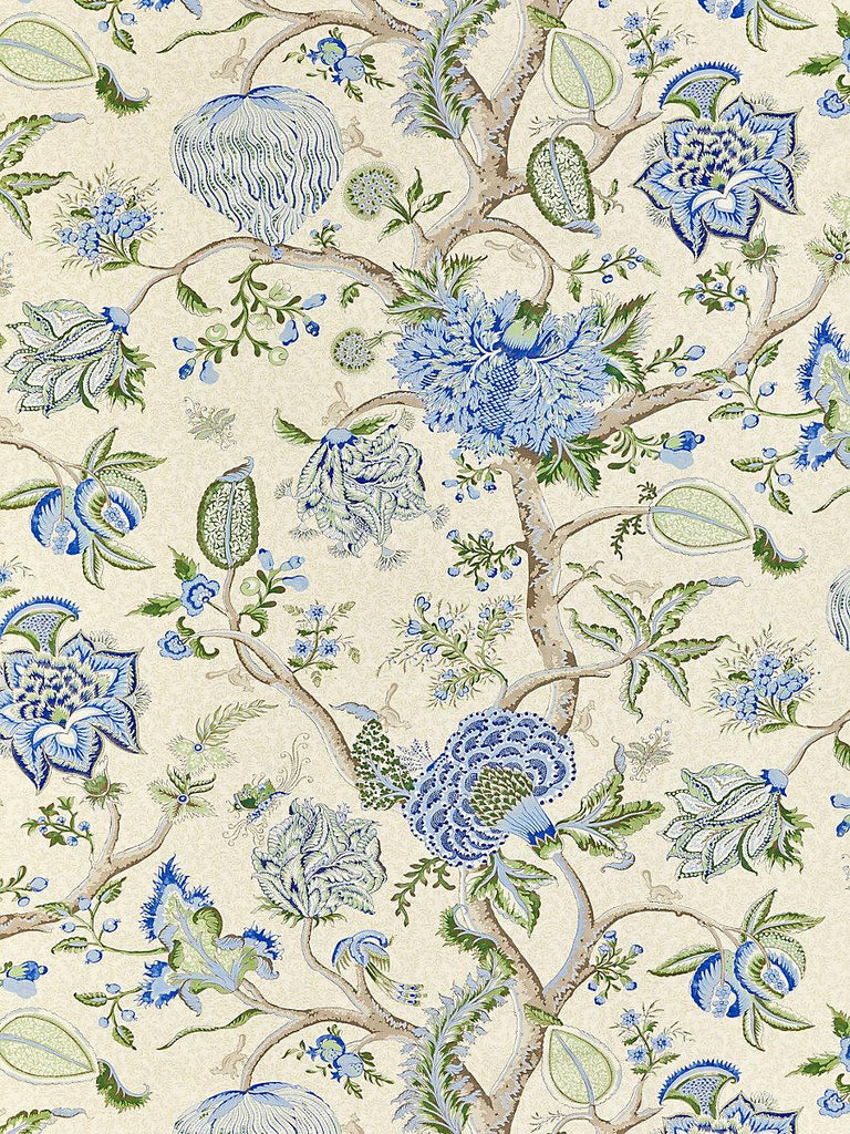 Scalamandre PONDICHERRY COTTON PRINT BLUE, GREEN ON CREAM Fabric