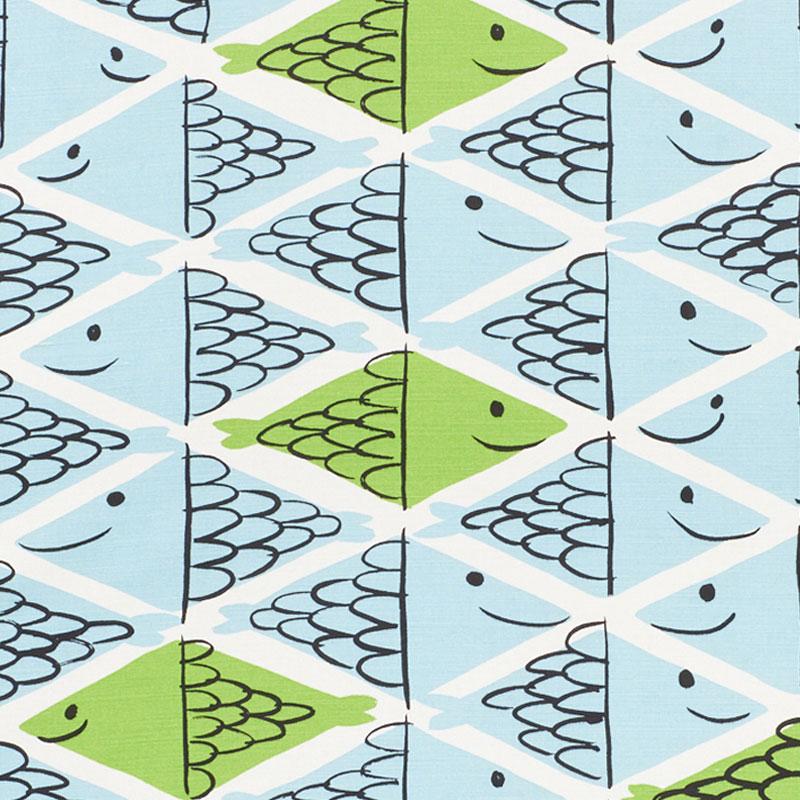 Schumacher Fish School Aqua & Leaf Fabric