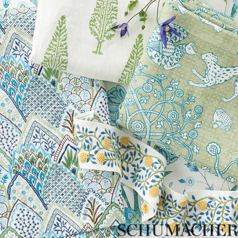 Schumacher Albizia Embroidery Blue & Green Fabric