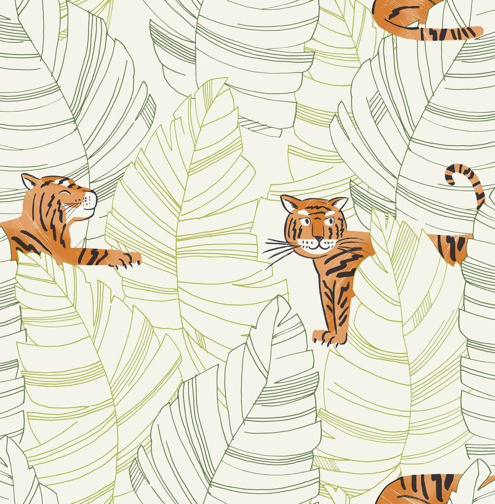 Seabrook Hiding Tigers Green and Orange Wallpaper