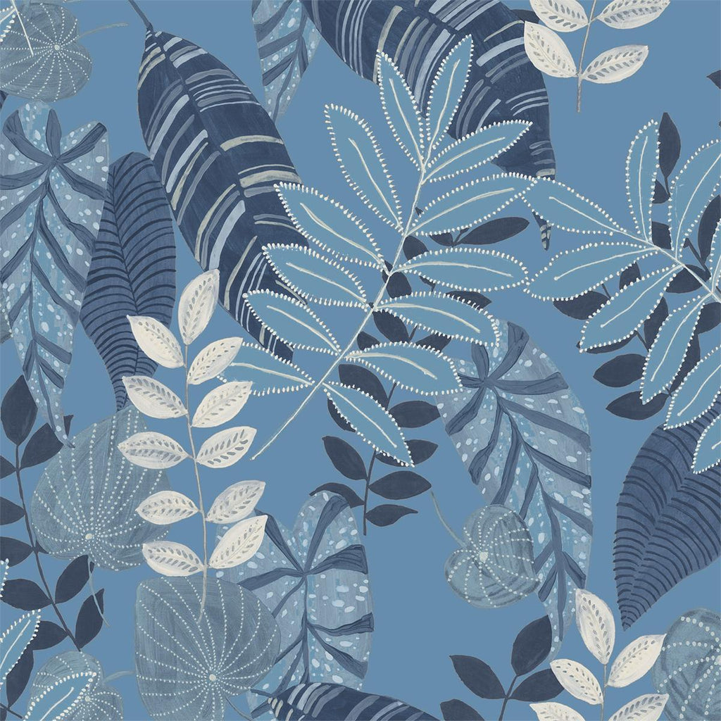 Seabrook Tropicana Leaves Fabric Sky Blue and Champlain Fabric