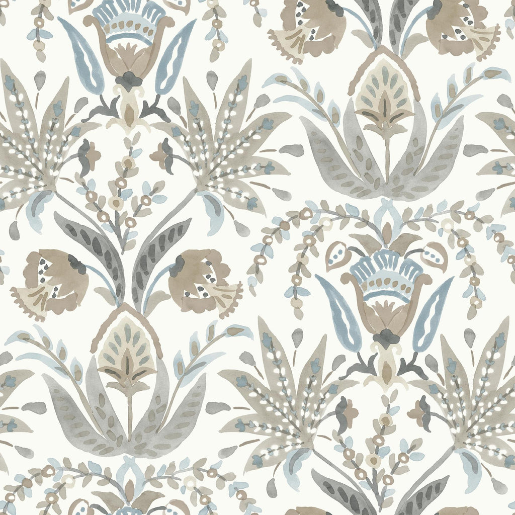 York Seaside Jacobean White/Taupe/Blue Wallpaper