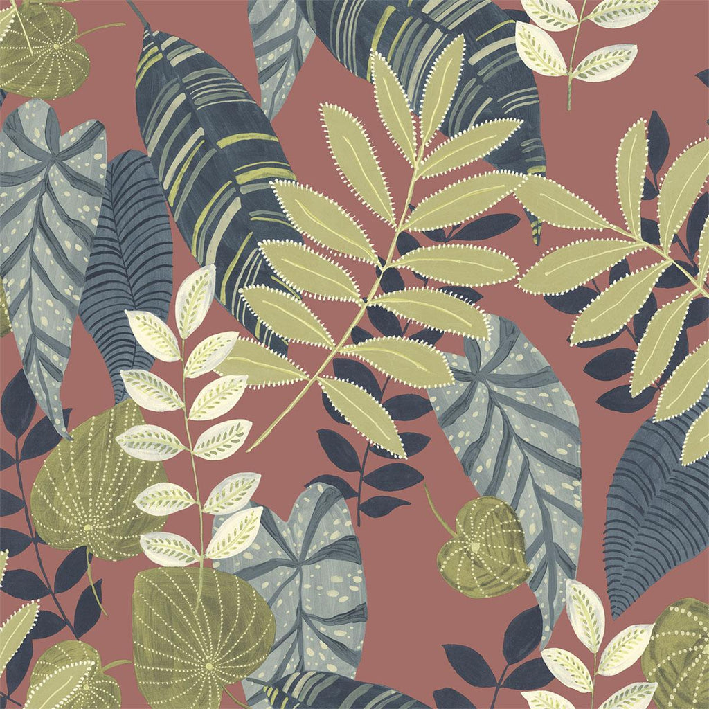 Seabrook Tropicana Leaves Fabric Redwood, Olive, and Washed Denim Fabric