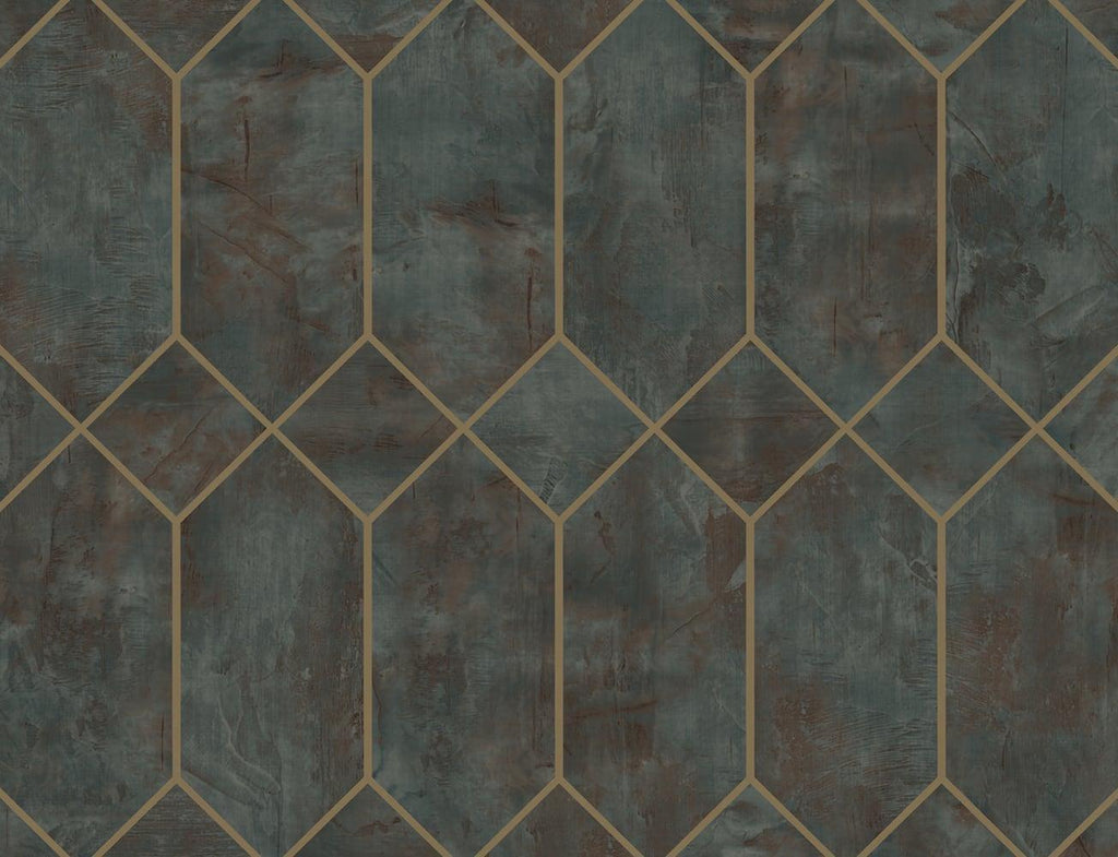 Seabrook Geo Faux Rust, Forest Green, and Metallic Gold Wallpaper