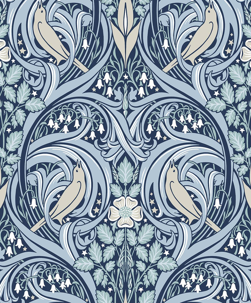 Seabrook Bird Scroll Blue Wallpaper