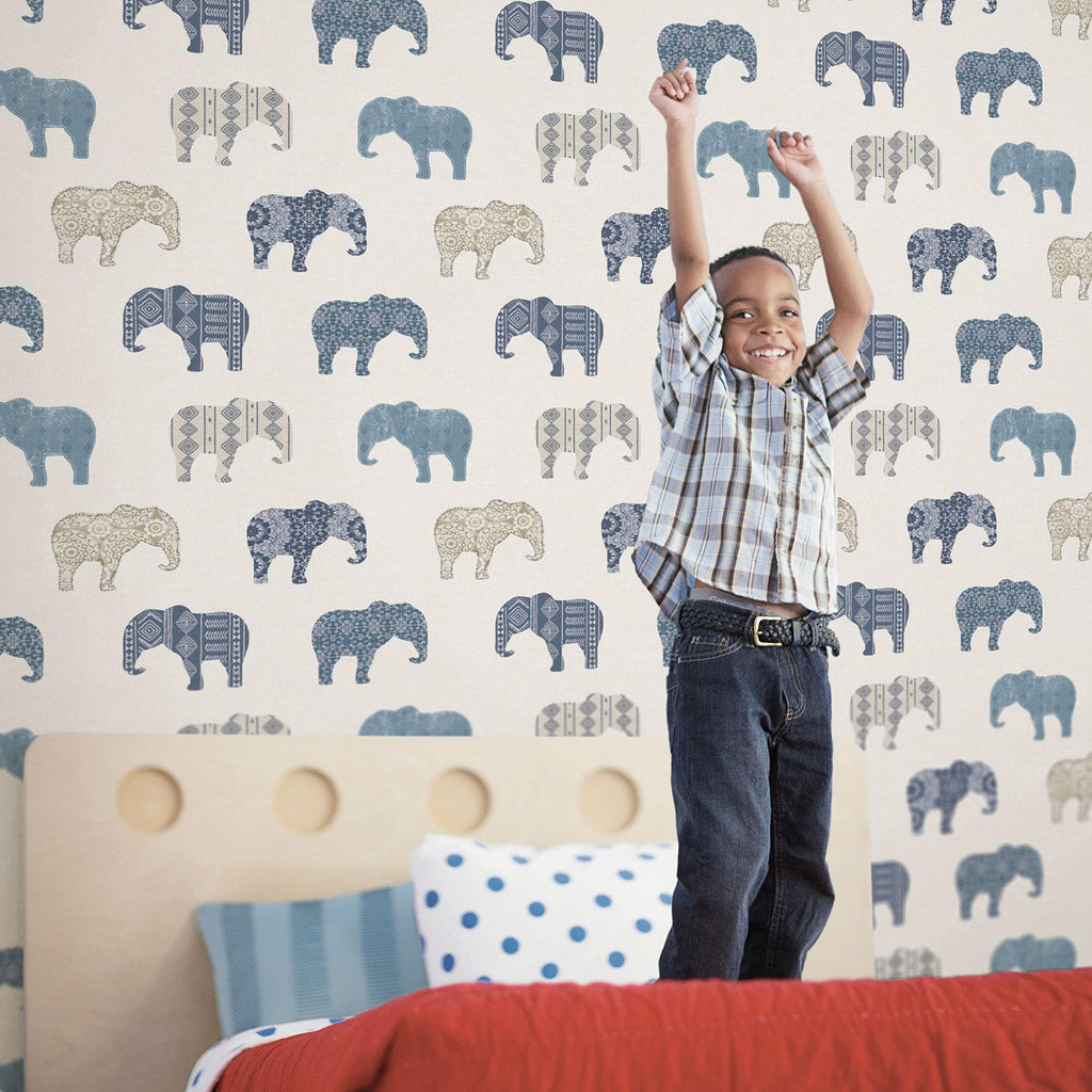 Galerie Elephant Motif Blue Wallpaper