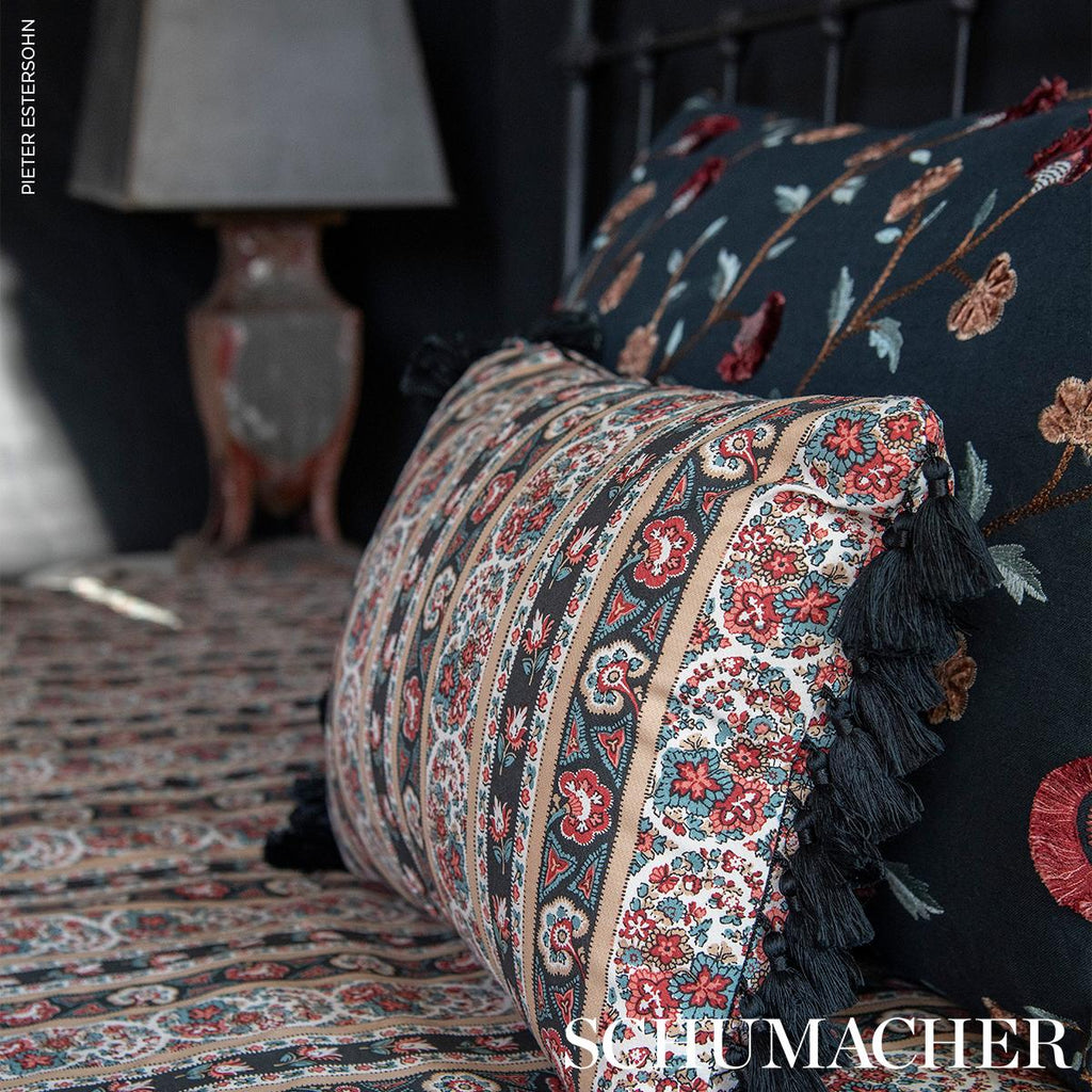 Schumacher Iyla Embroidery Midnight & Rouge Fabric