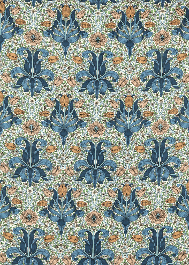 Morris & Co Paradise Blue/Peach Bedford Park Fabrics Fabric