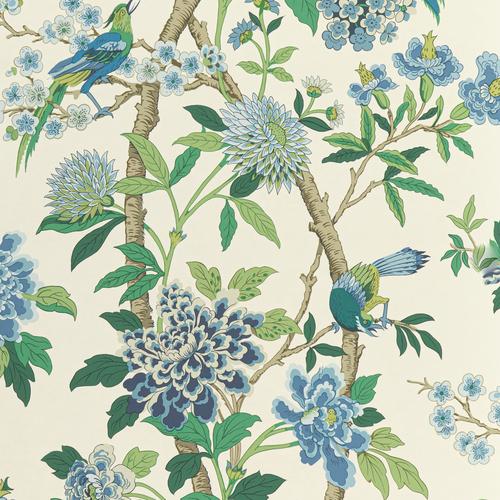 G P & J Baker HYDRANGEA BIRD EMERALD/BLUE Wallpaper