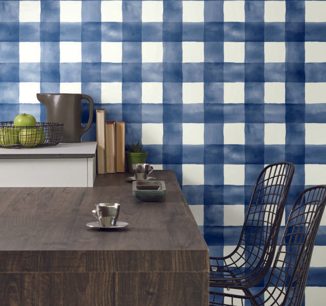 York Checkmate Watercolor Plaid Peel and Stick Blue Wallpaper