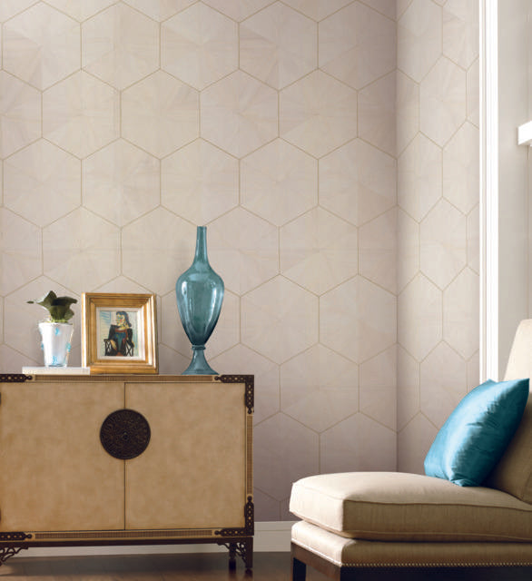 Ronald Redding Designs Hexagram Wood Veneer Off White Wallpaper
