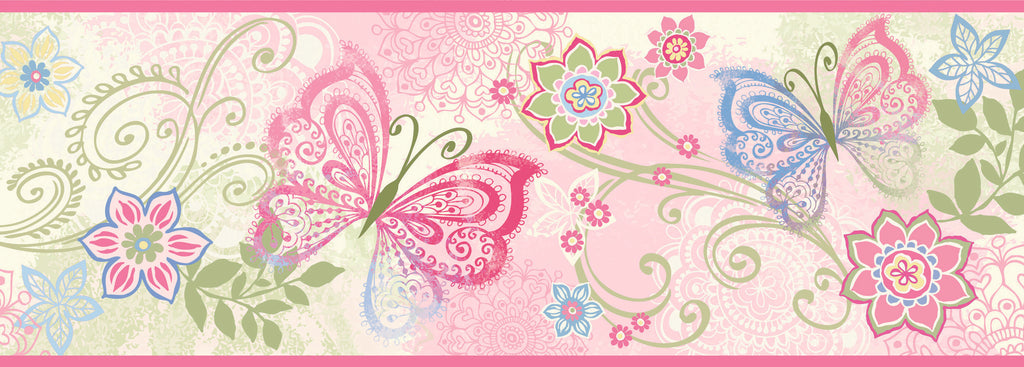 Brewster Home Fashions Fantasia Boho Butterflies Scroll Border Pink Wallpaper