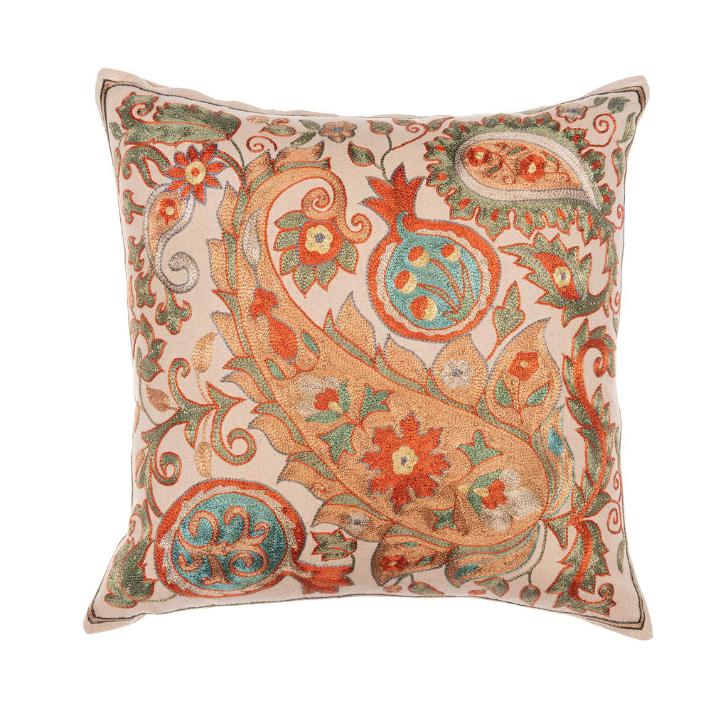MindTheGap SAMARKAND SUZANI Silk Embroidered Brown/Orange/Green Pillow
