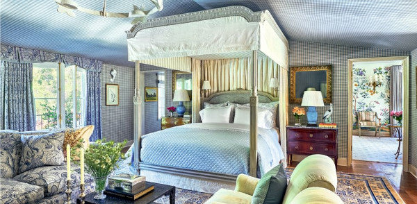 blue bedroom with canopy bed. traditional, french inspired bedroom, michael smith designed bedroom