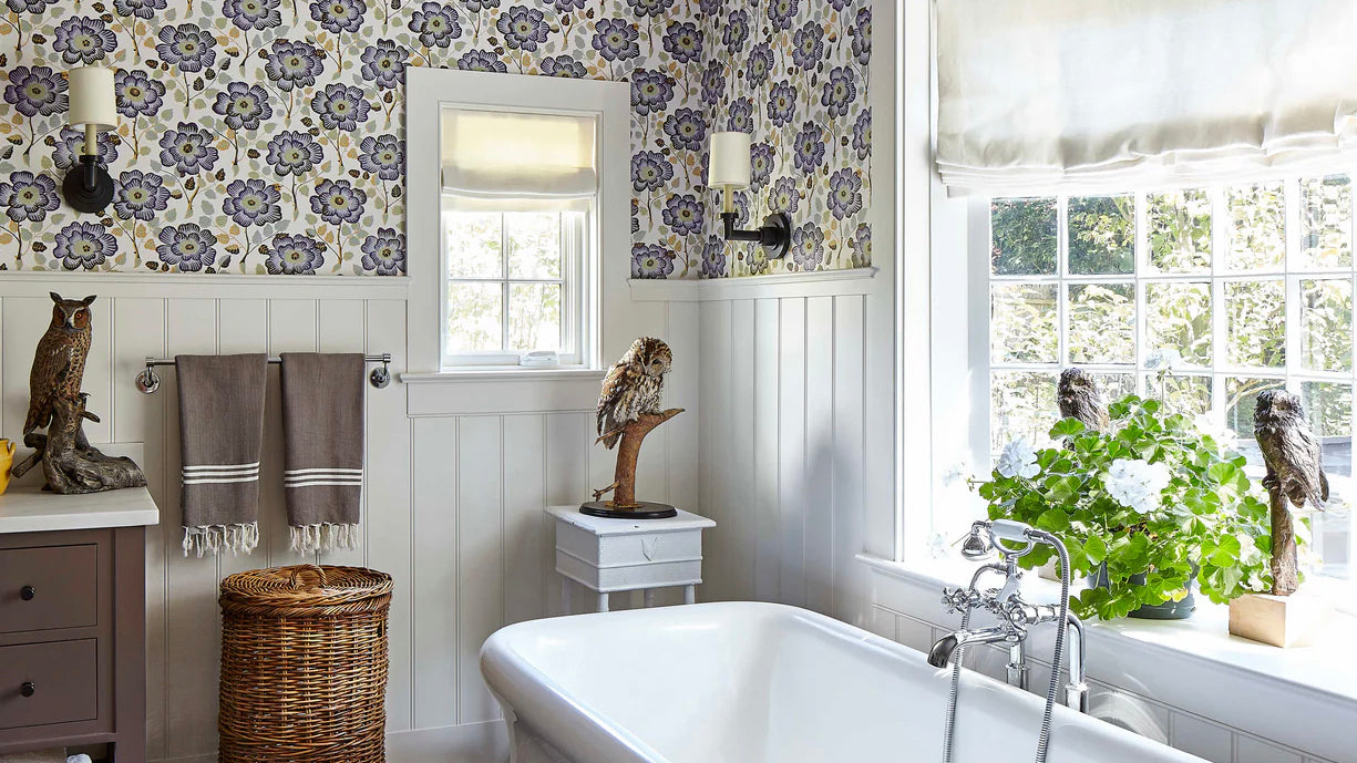 traditional bathroom with sunken tub and flue floral wallpaper;designed by philip gorrivan;