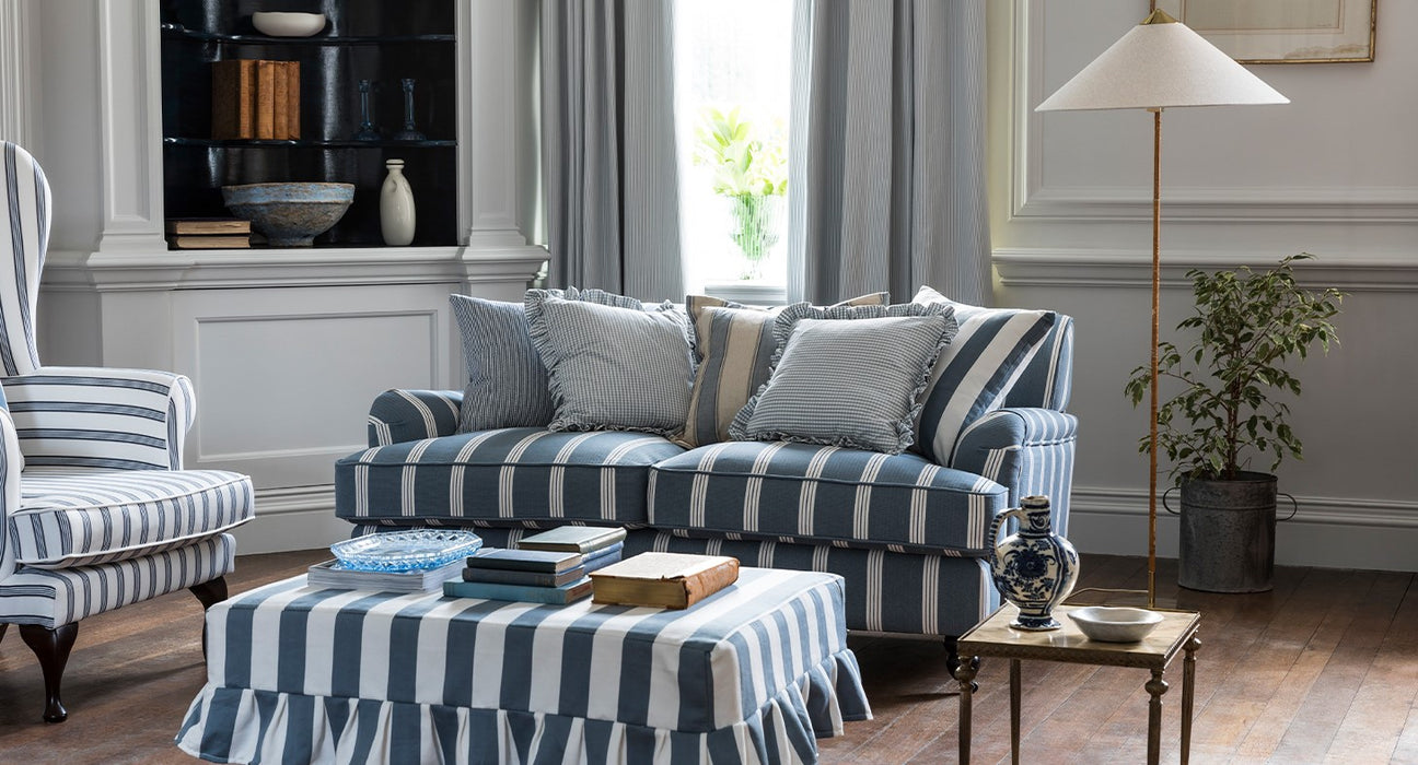 Blue stripe fabric, blue stripe living room, manly fabric, clarke and Clarke Edgeworth fabric collection