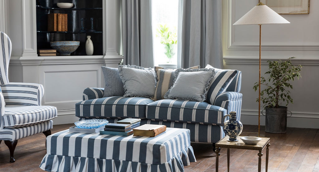 Blue stripe fabric, blue stripe living room, manly fabric, clarke and Clarke Edgeworth fabric collection