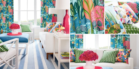 coastal living room with Thibaut flat weave blue striped rug and vibrant fabrics.