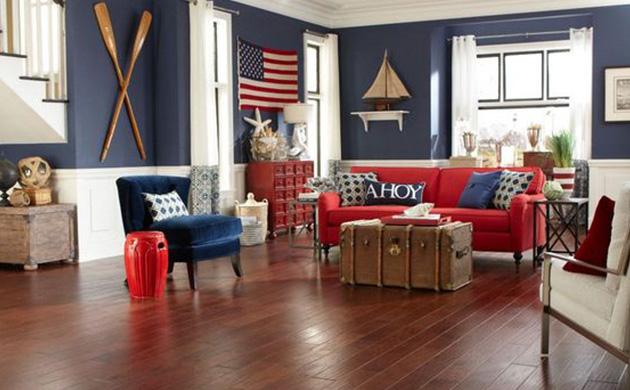red, white ,blue living room, nautical decor, blue grasscloth, red sofa, red couch
