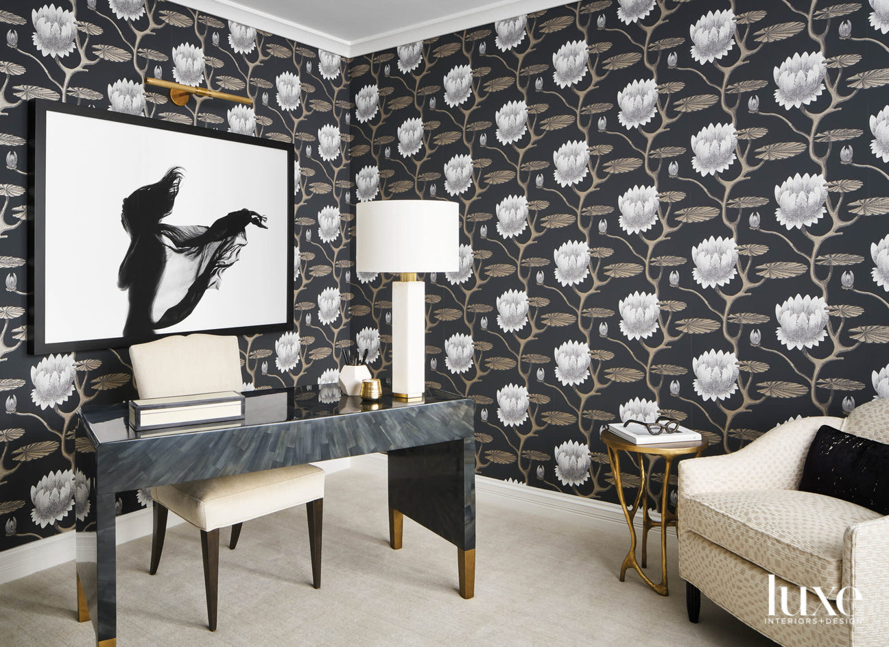 Modern Luxury Home Office with Cole & Son's Black, White & Gold Summer Lily
