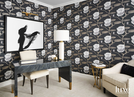 Modern Luxury Home Office with Cole & Son's Black, White & Gold Summer Lily