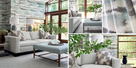 The watercolor-inspired wallpaper combines with modern furniture and a thibaut gray area rug for an organic feeling to this living room.