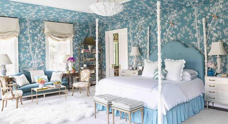 Aqua Bedroom, Chinoiserie wallpaper, Meg Braff's master bedroom, poster bed, mural wallpaper, blue and white design, serene bedroom, meg braff, teal floral wallpaper, florals, four poster bed, blue upholstered bed frame, white accent decor