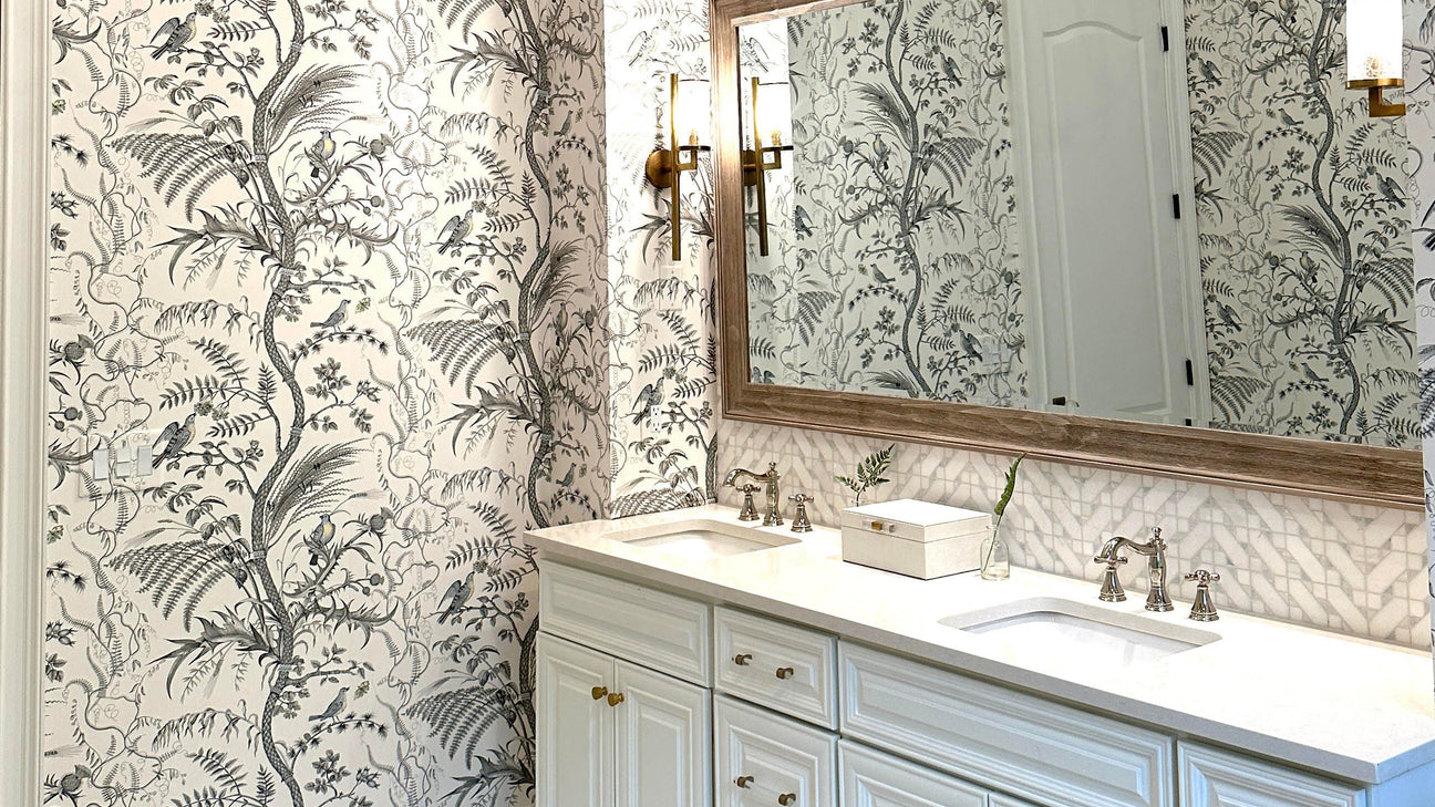 grey floral wallpaper for a bathroom; brunchwig bird & thistle grey wallpaper, white vanity