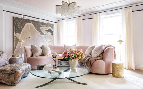 pink curved sofa, robert passal living room for kips bay 