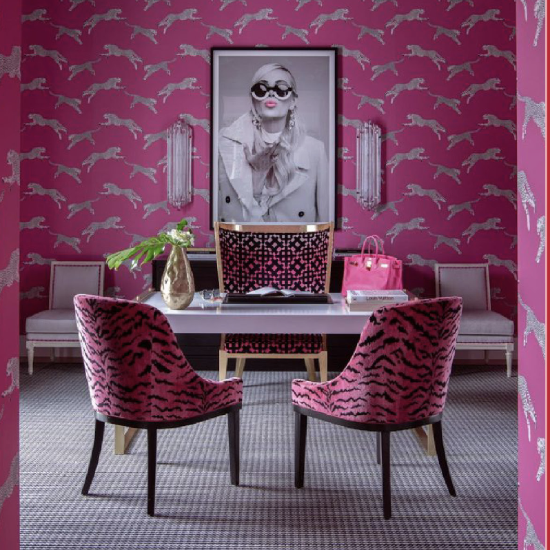 Bold Pink Glam Home Office with Statement Wallpaper