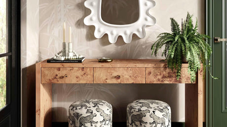 entryway and foyer with burl console and unique white mirror and 2 ottomans; tov dex leopard ottoman