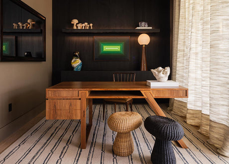 Modern Wood Home Offfice with Dark Built-In Shelving