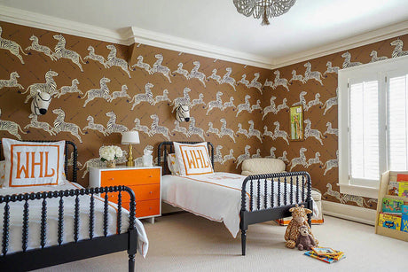 brown safari themed boys bedroom with twin beds; scalamandre zebras wallpaper; 