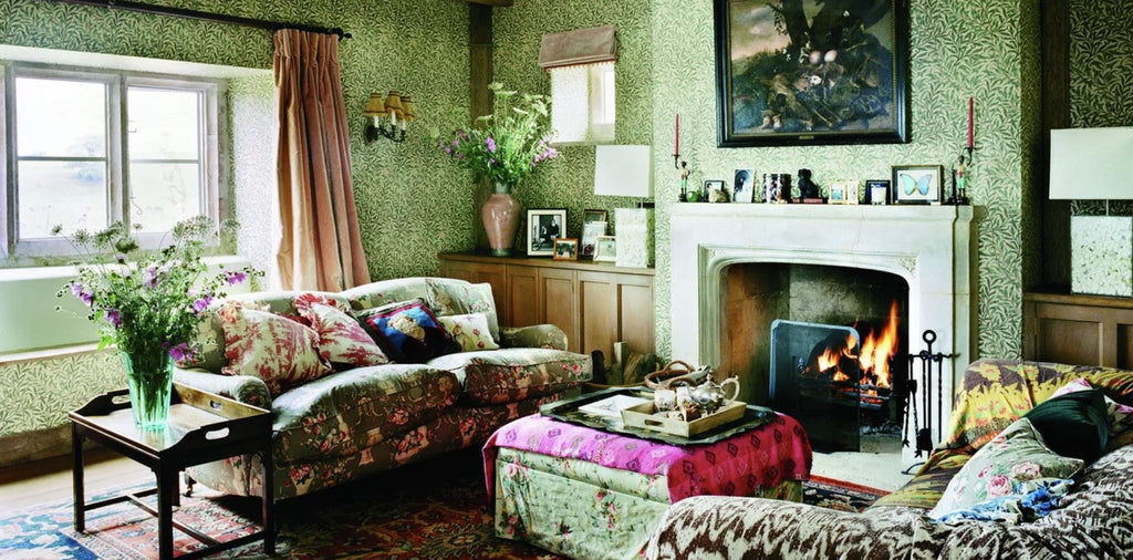 Nature-Inspired Arts & Crafts Design, arts & crafts design living room, upholstered ottoman, arts & crafts style upholstery fabric, arts & crafts green wallpaper pattern, layered pattern and textures, William Morris’s nature-inspired designs