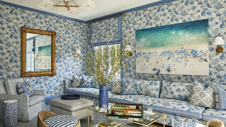matching fabric and wallpaper envelope this hamptons living room or family room; Anna French Indienne fabric and wallpaper' blue and white family room