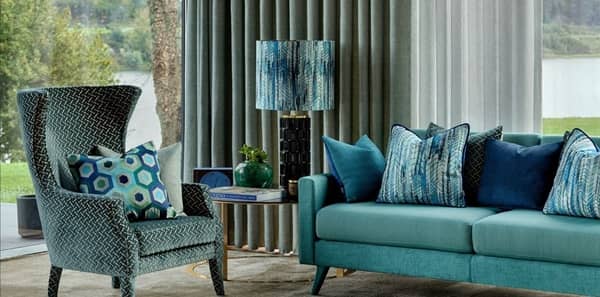 teal living room, Aldeco fabric