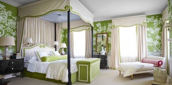 bedroom with green floral wallpaper, green floral wallpaper in bedroom, alessandra branca lime green bedroom, veranda alessandra branca bedroom, alessandra branca, mural wallpaper, canopy bed, green bench seating, ceiling to floor draperies